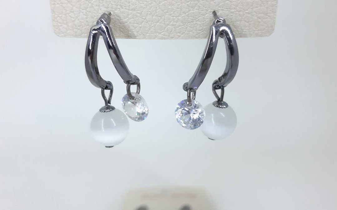 C145 Anting Tusuk Double Gems Permata Mutiara Swarovski Silver 3,5cm